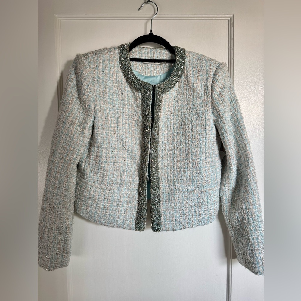 Alice + Olivia Kidman Embellished Tweed Jacket, Light Blue, White and Silver.